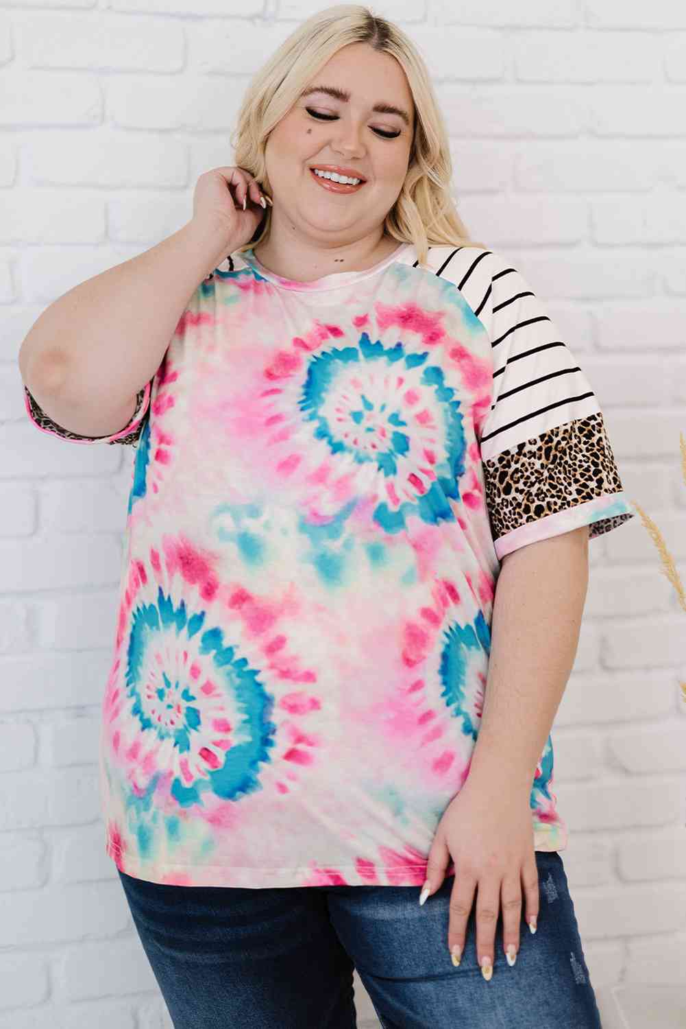 Plus Size Tie-Dye Mixed Print Raglan Sleeve T-Shirt