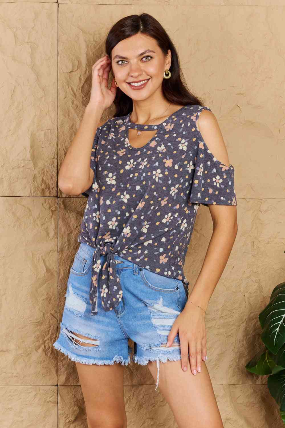 On My Own Cold Shoulder Keyhole Floral Print Top