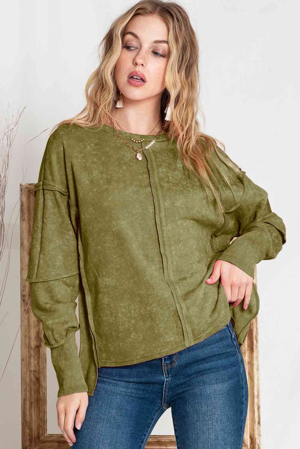 Full Size Exposed Seams Round Neck Dropped Shoulder Sweatshirt