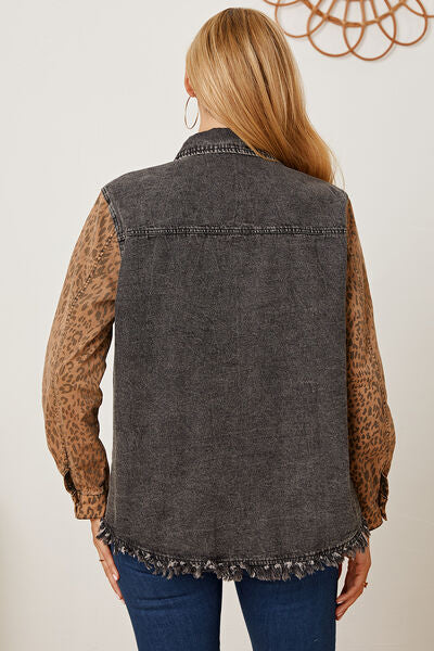 Leopard Raw Hem Pocketed Denim Jacket