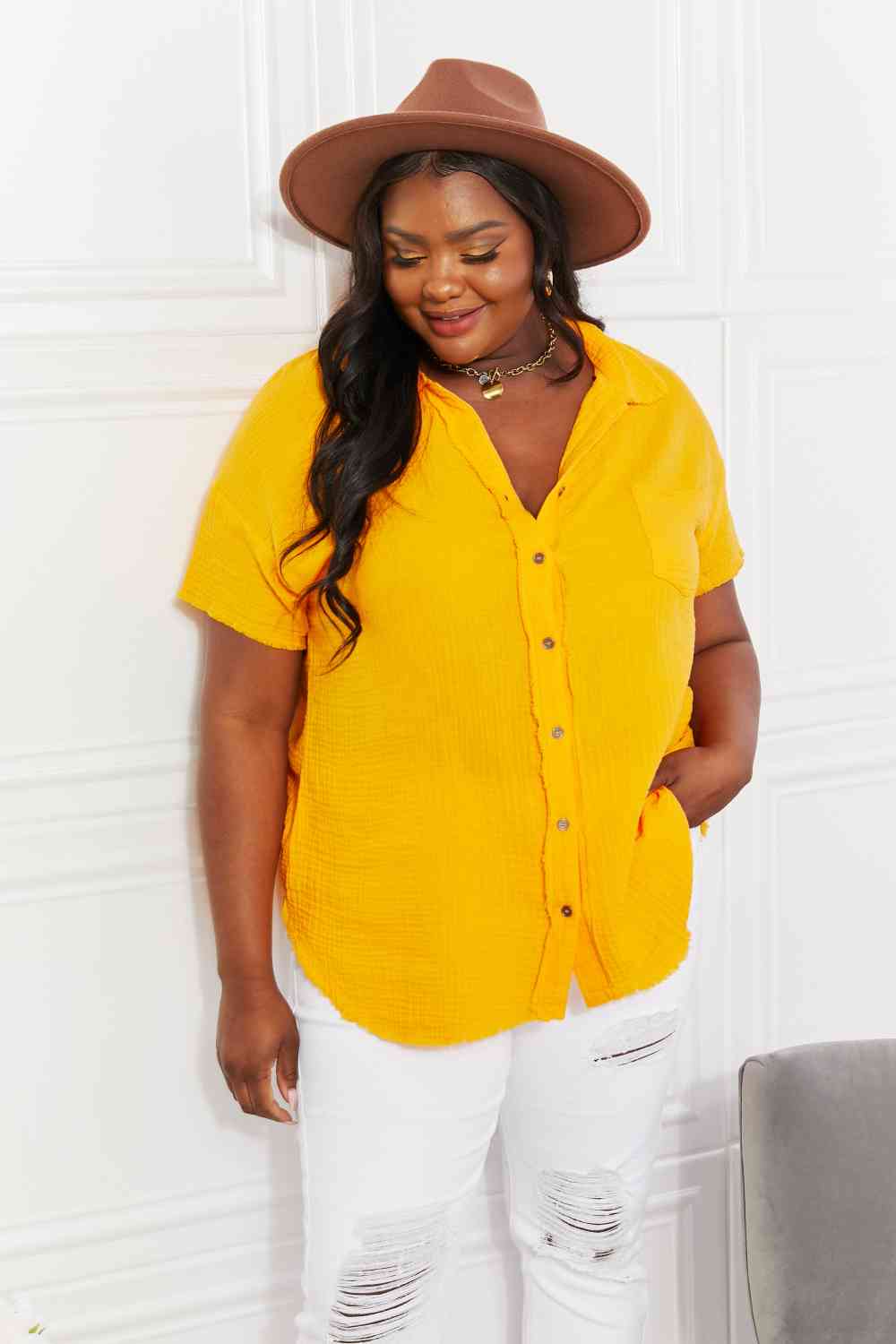 Full Size Summer Breeze Gauze Short Sleeve Shirt in Mustard