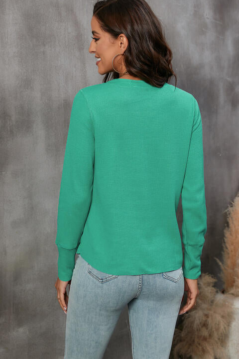 Waffle Knit Buttoned Notched Neck Long Sleeve T-Shirt