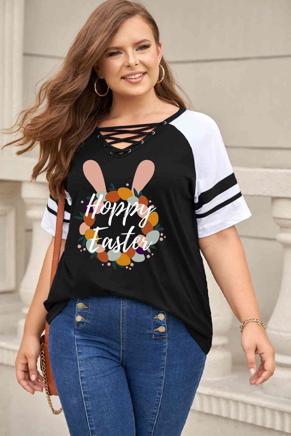 Plus Size HOPPY EASTER Graphic Crisscross V-Neck Tee