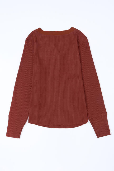 Waffle Knit Buttoned Notched Neck Long Sleeve T-Shirt