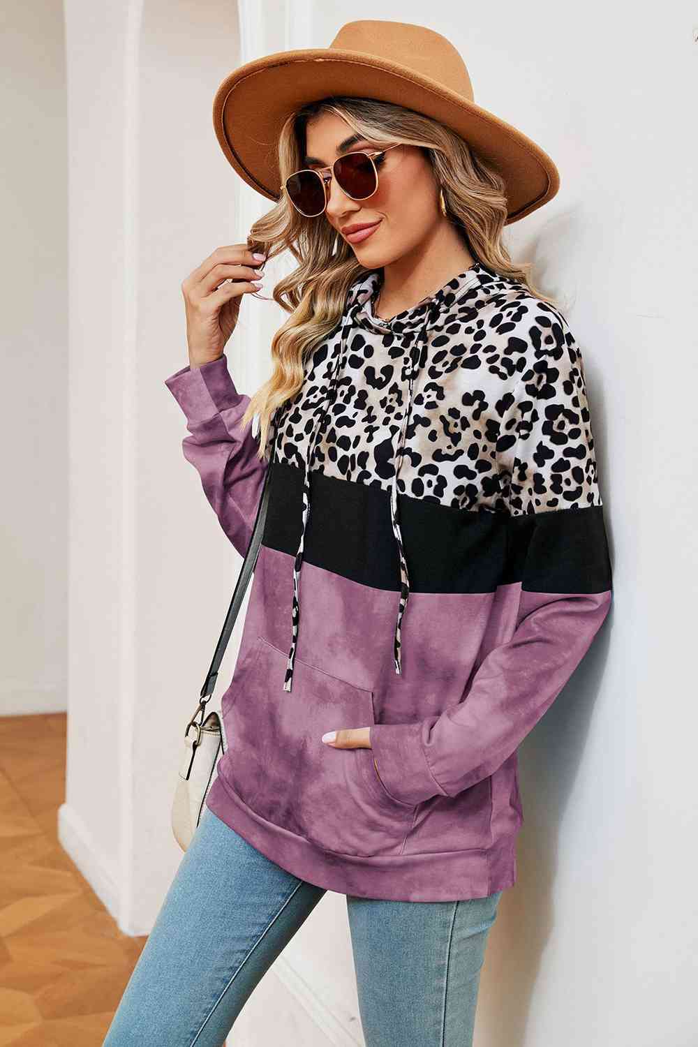 Leopard Drawstring Hoodie with Pocket