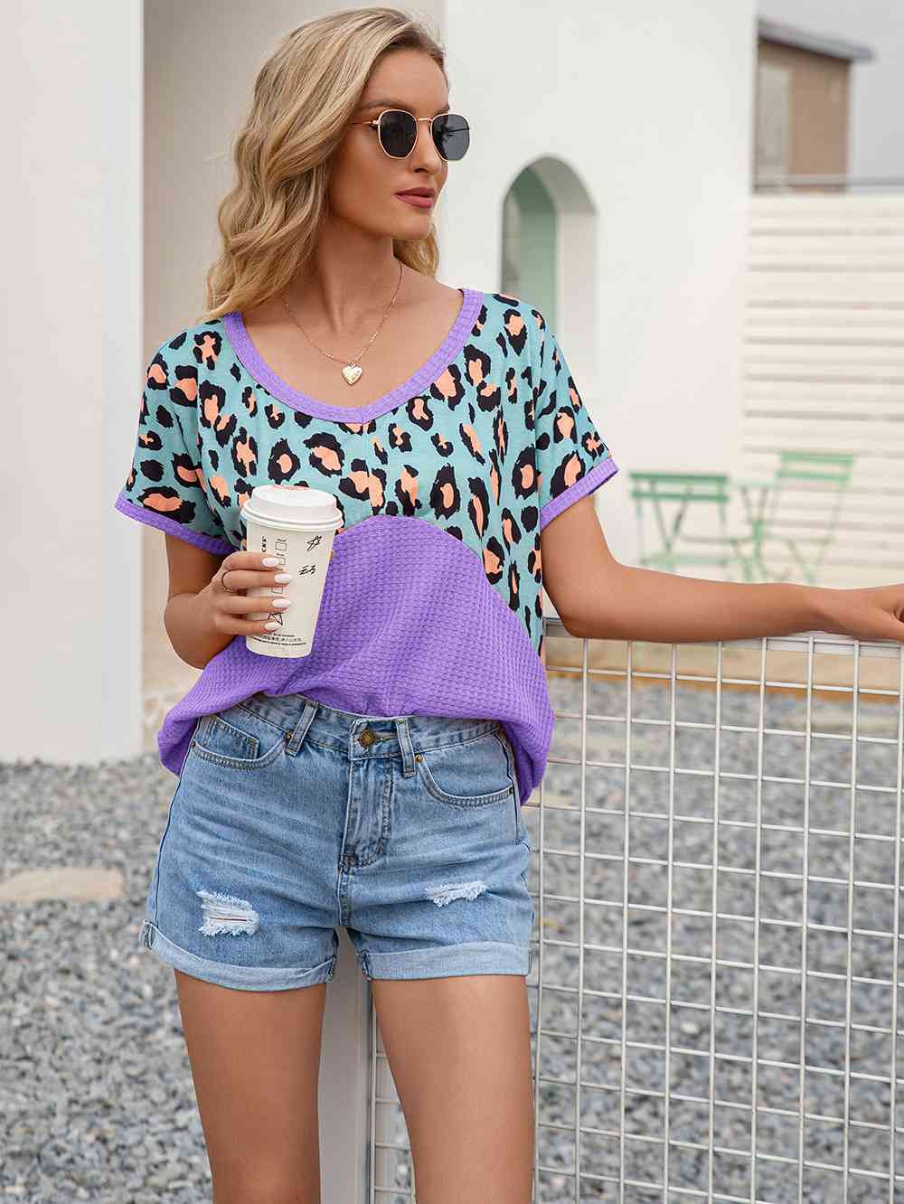 Leopard Waffle-Knit Short Sleeve Top