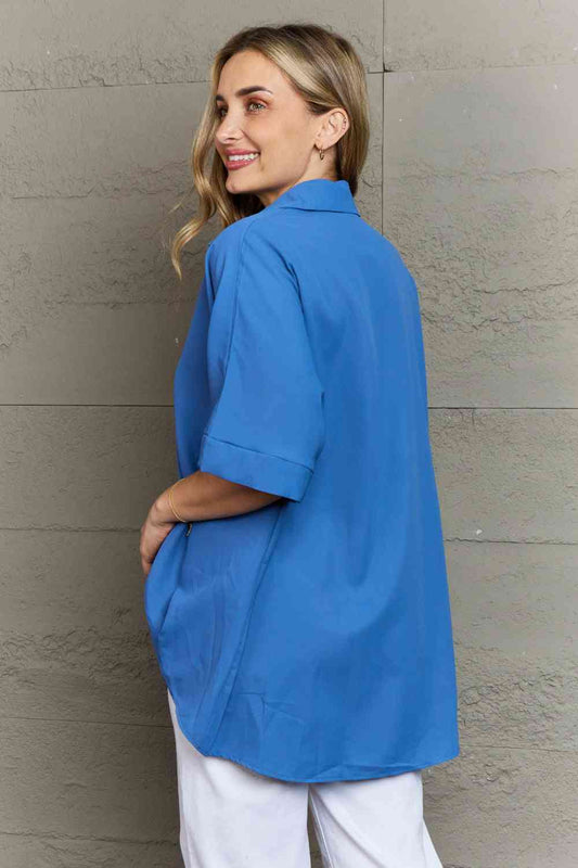 Plus Size Collared Half Sleeve Hem Detail Top