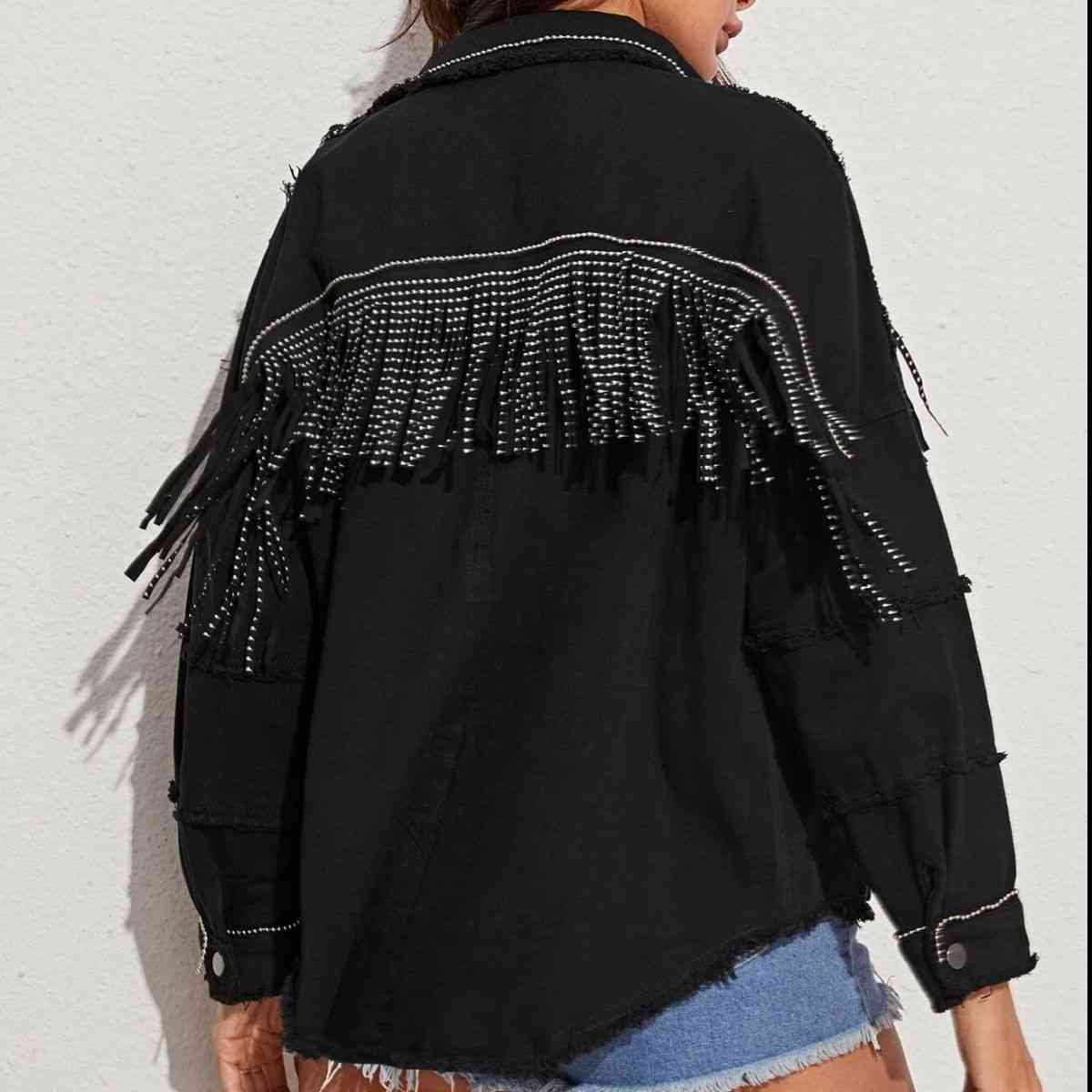 Fringe Detail Button-Down Collared Neck Denim Jacket