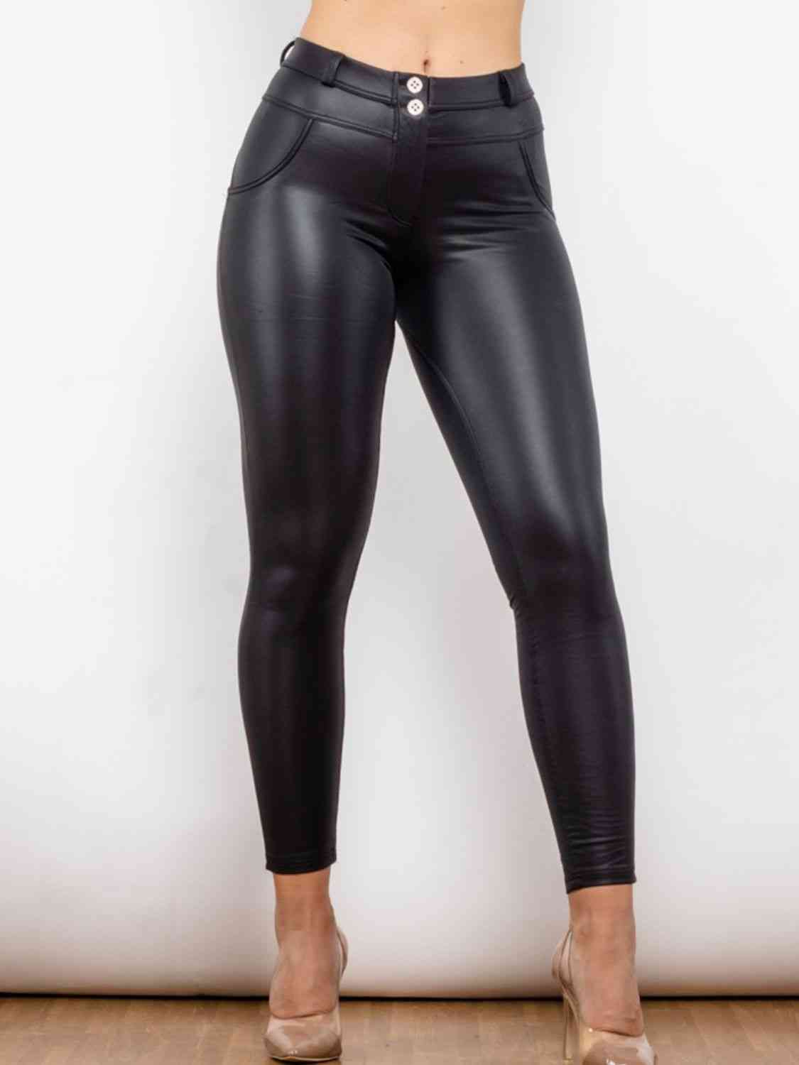 Matte PU Leather Buttoned Long Pants