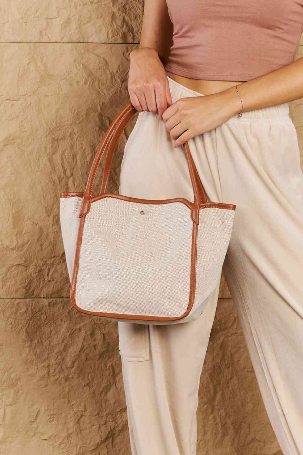 Beach Chic Faux Leather Trim Tote Bag in Ochre