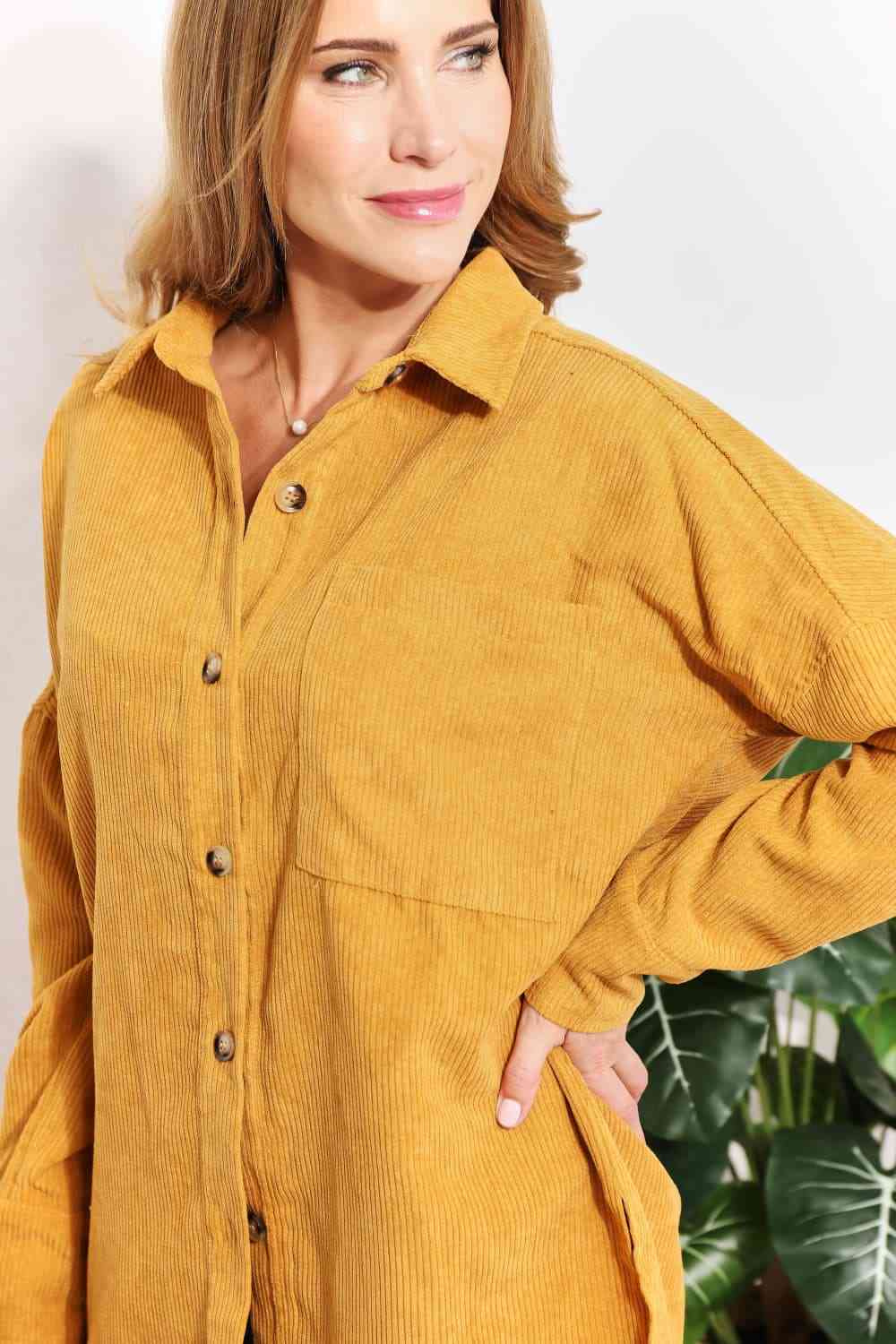 Full Size Oversized Corduroy Button-Down Tunic Shirt with Bust Pocket