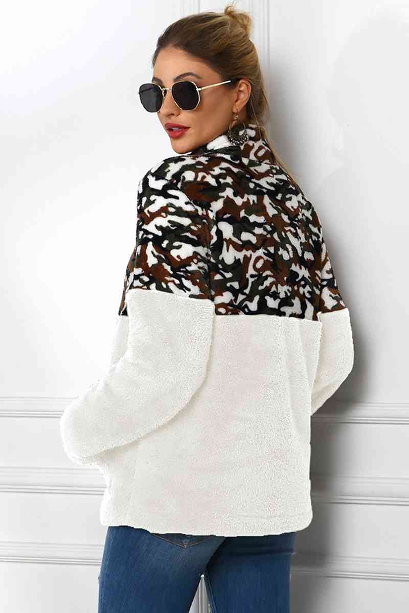 Camouflage Zip-Up Turtle Neck Dropped Shoulder Sweatshirt