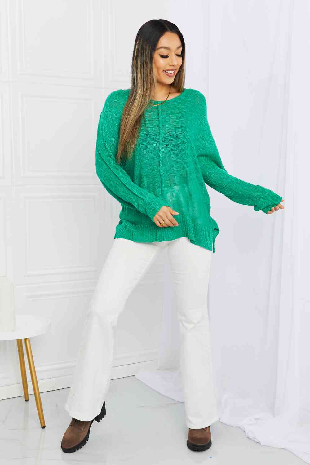 Exposed Seam Slit Knit Top in Kelly Green