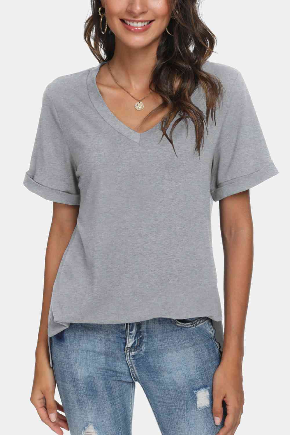 V-Neck Short Sleeve Slit T-Shirt