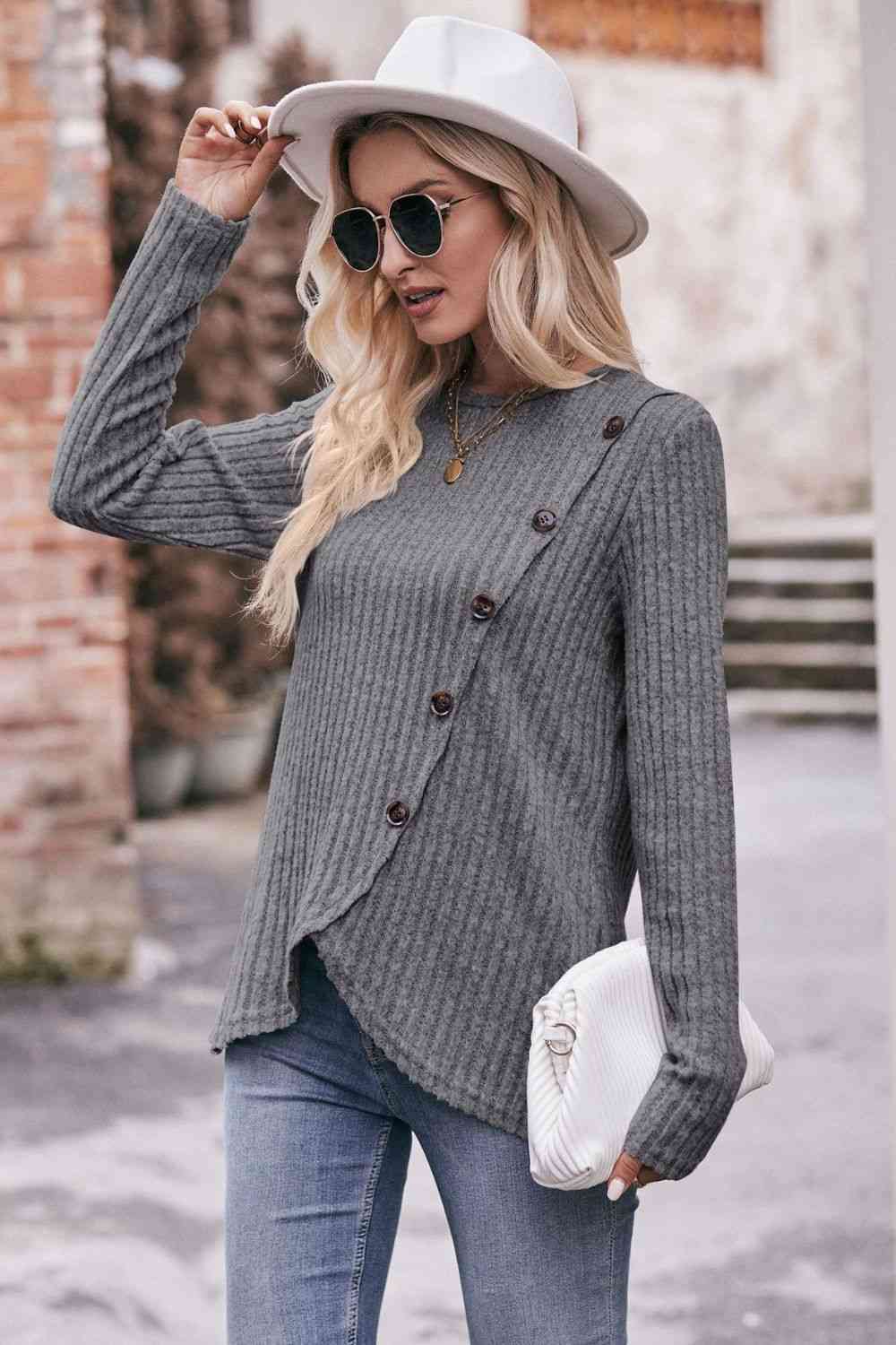 Double Take Ribbed Round Neck Buttoned Long Sleeve Tee