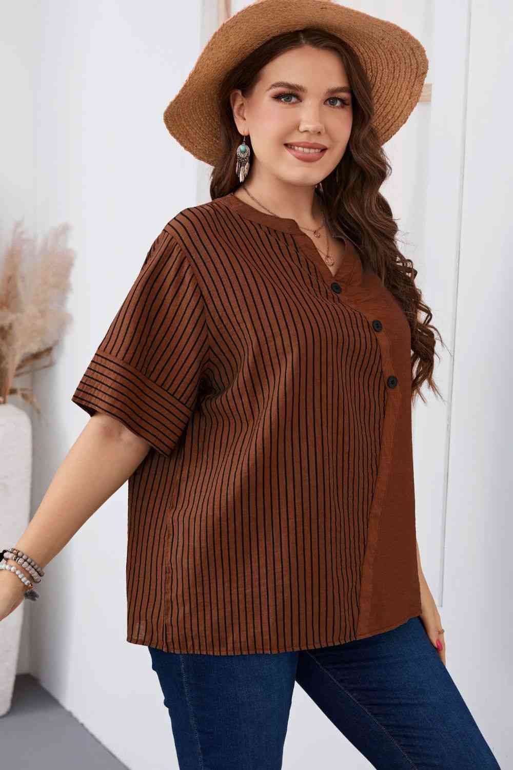 Plus Size Striped Notched Neck Half Sleeve Top