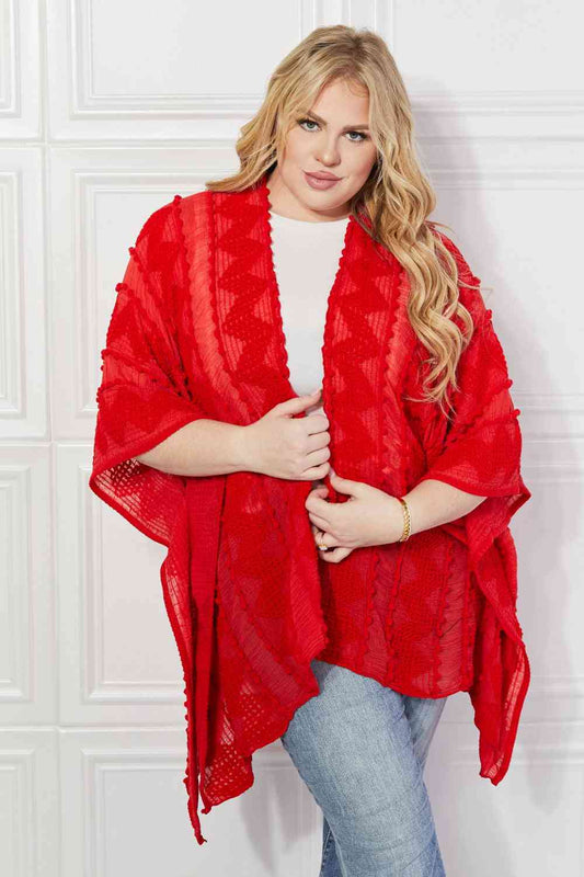 Pom-Pom Asymmetrical Poncho Cardigan in Red