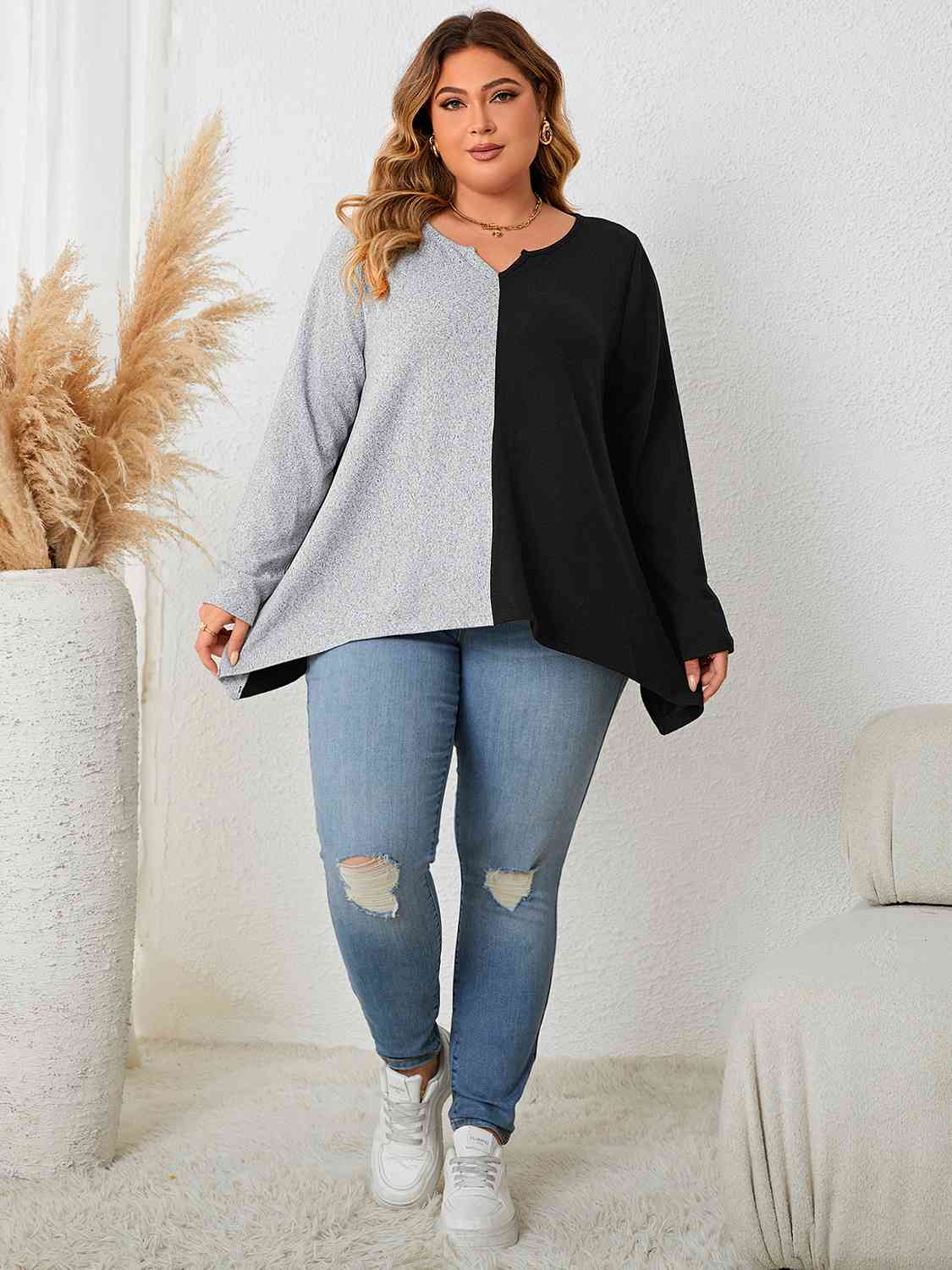 Plus Size Contrast Notched Neck T-Shirt