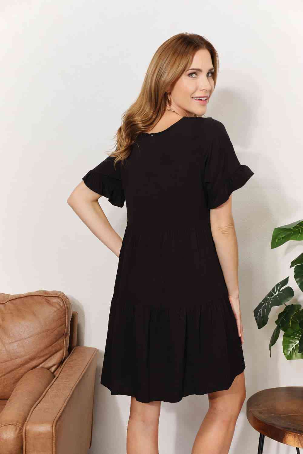 V-Neck Flounce Sleeve Tiered Dress