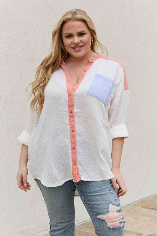 Full Size Color Block Woven Button Down Top