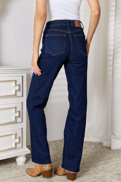 Raw Hem Straight Leg Jeans with Pockets