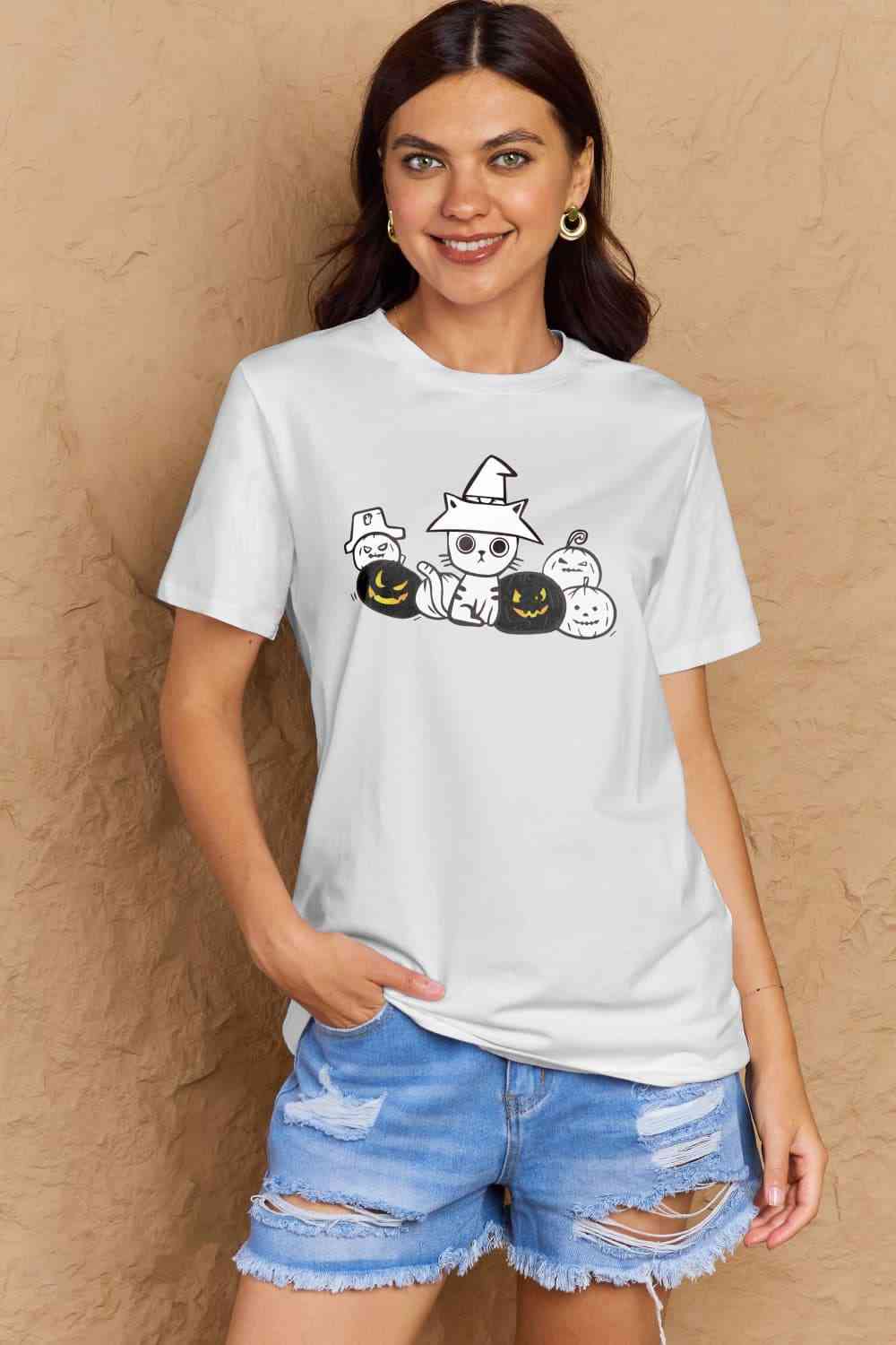 Simply Love Full Size Cat & Pumpkin Graphic Cotton T-Shirt