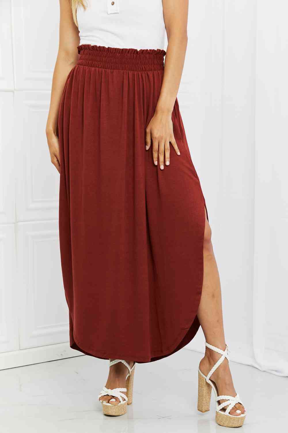 It's My Time Side Scoop Scrunch Skirt in Dark Rust