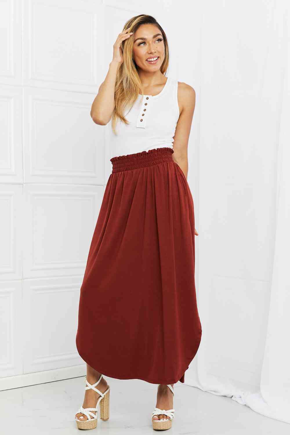 It's My Time Side Scoop Scrunch Skirt in Dark Rust