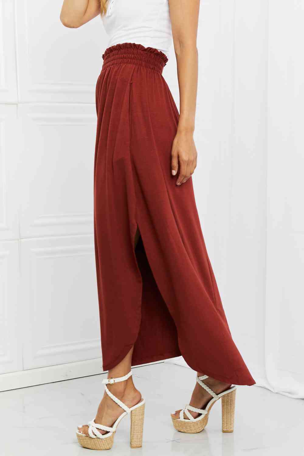 It's My Time Side Scoop Scrunch Skirt in Dark Rust