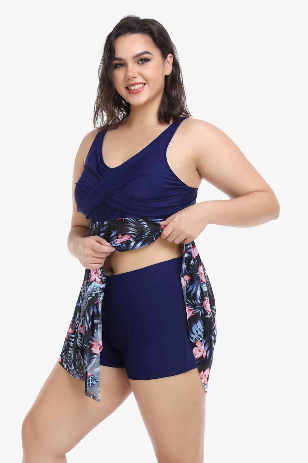 Plus Size Floral Two-Tone Asymmetrical Hem Two-Piece Swimsuit