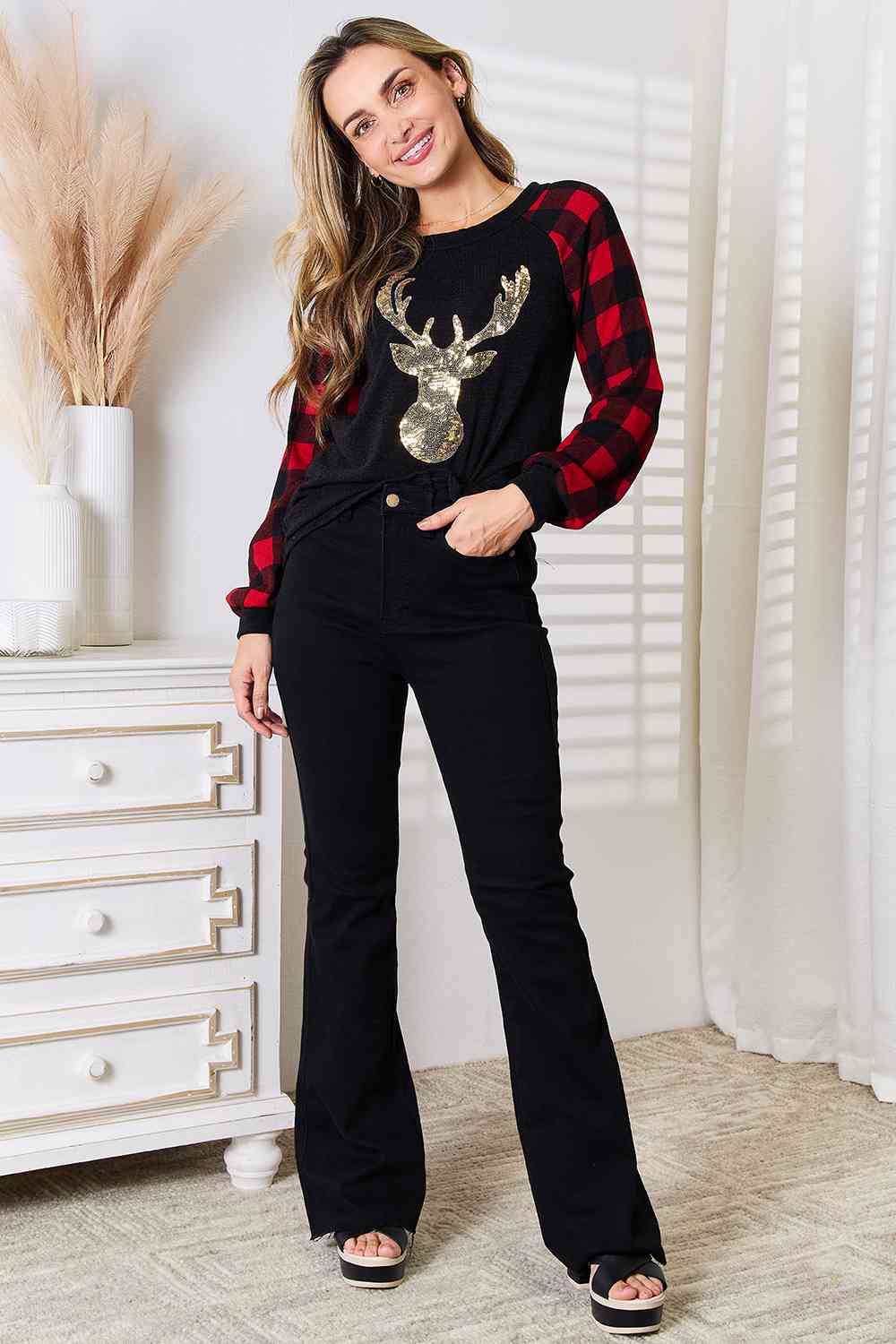 Sequin Reindeer Graphic Plaid Top