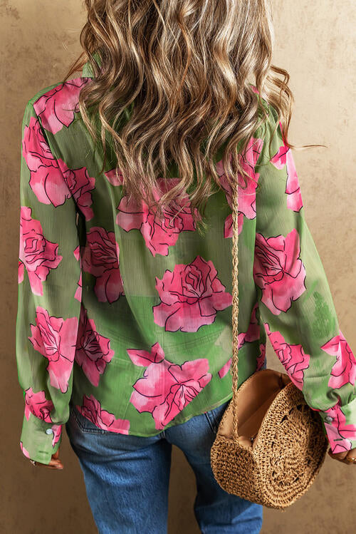 Flower Collared Neck Long Sleeve Shirt