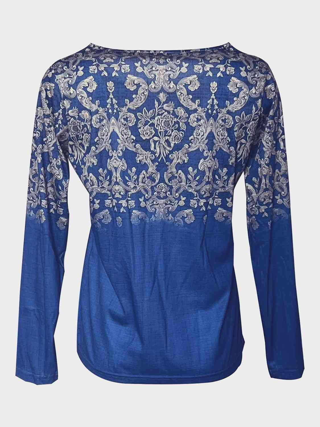 Printed Notched Long Sleeve T-Shirt