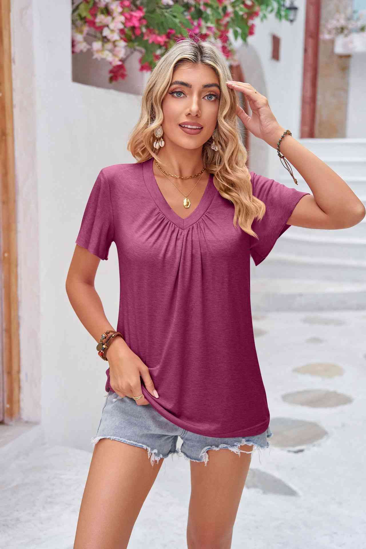 Ruched V-Neck Short Sleeve Tee