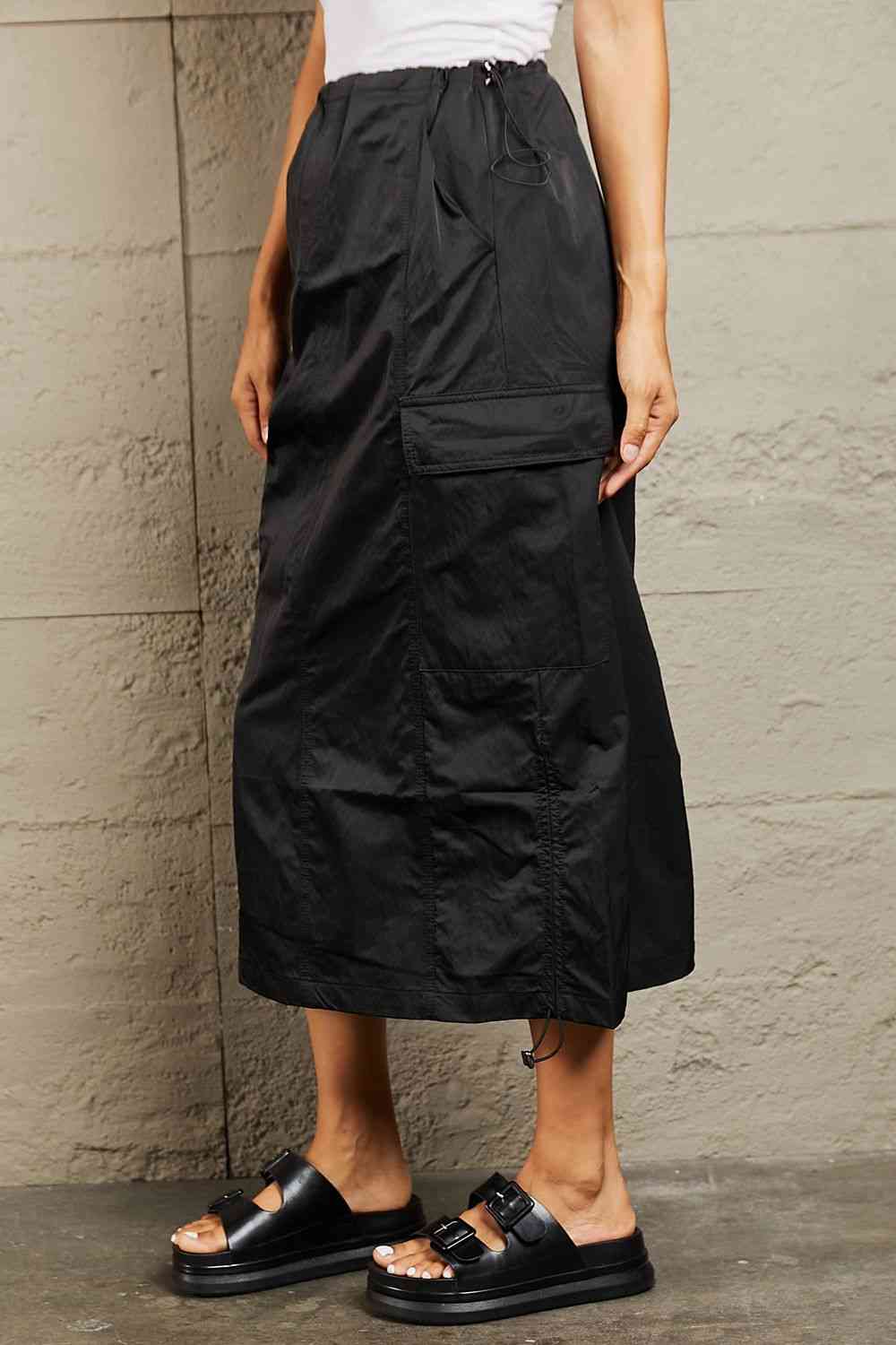 Just In Time High Waisted Cargo Midi Skirt in Black