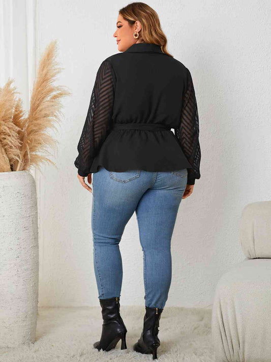 Plus Size Tie Waist Long Sleeve Blouse