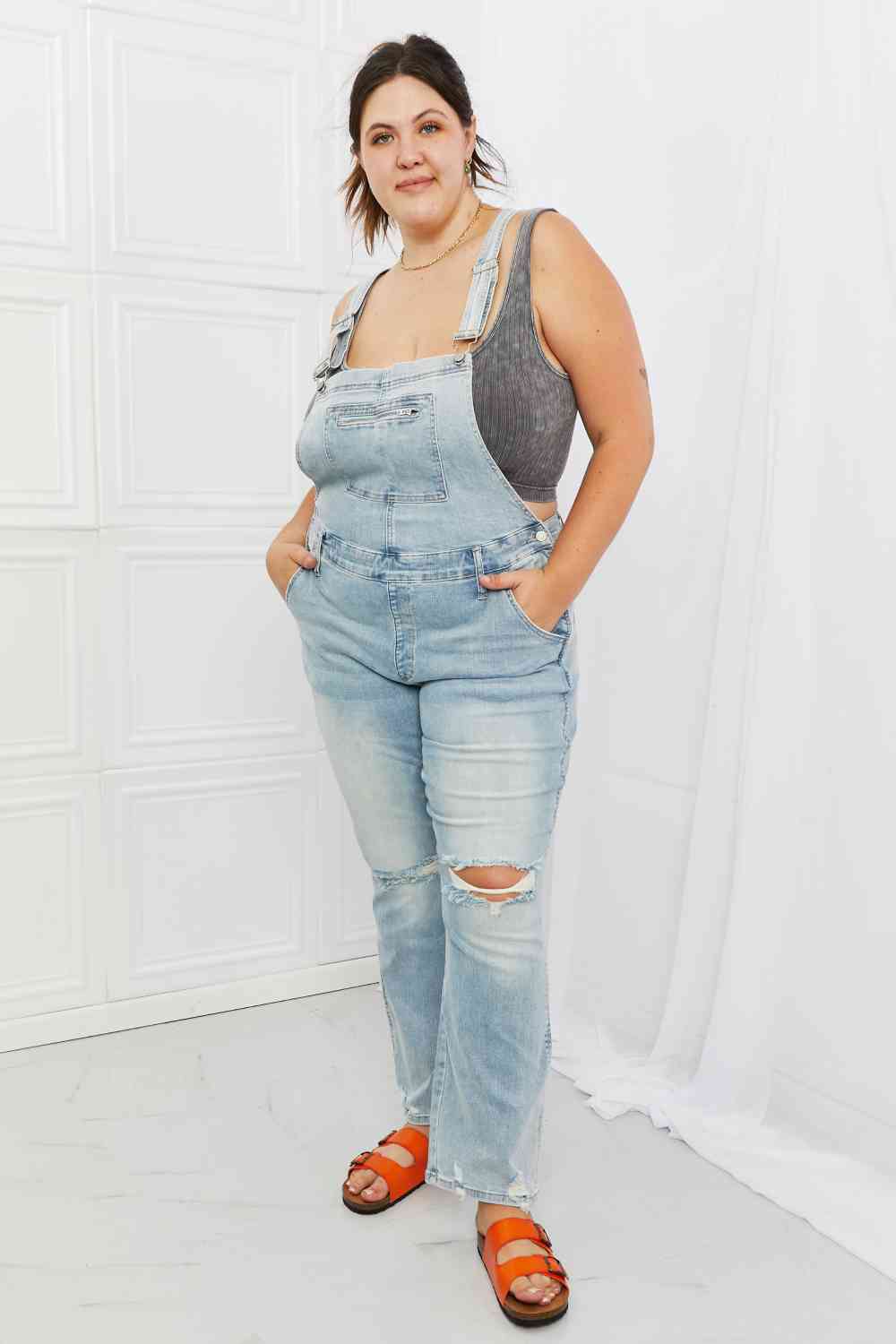 Melina Distressed Straight Leg Overalls