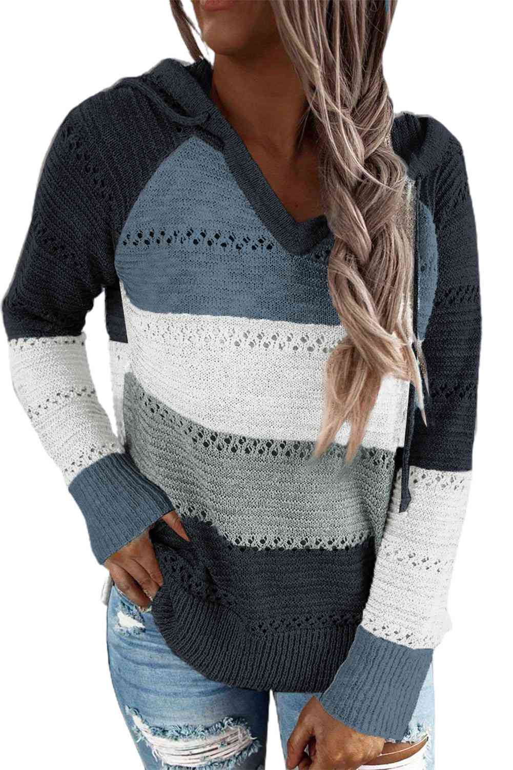 Full Size Color Block Knitted Hoodie