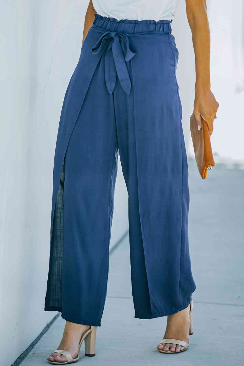 Paperbag Waist Tie Front Wide Leg Pants