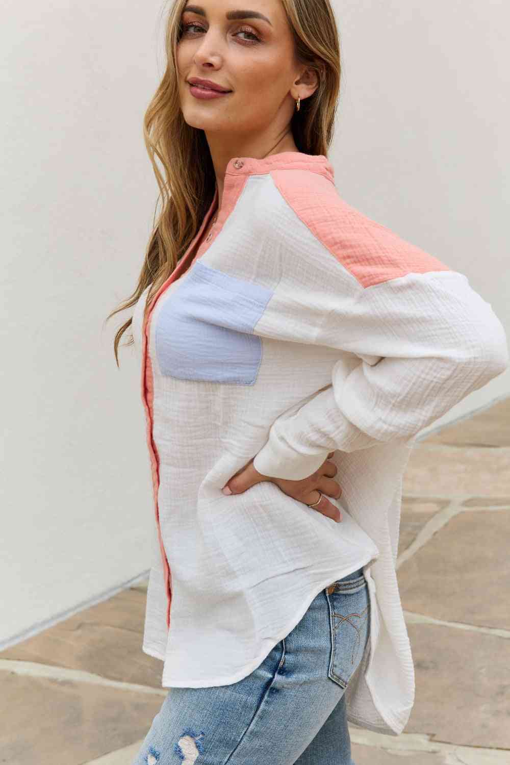 Full Size Color Block Woven Button Down Top