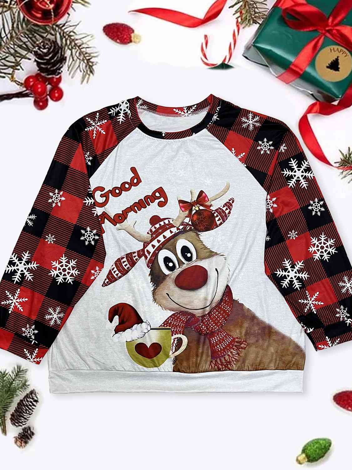 Plus Size Reindeer Graphic Plaid Long Sleeve T-Shirt