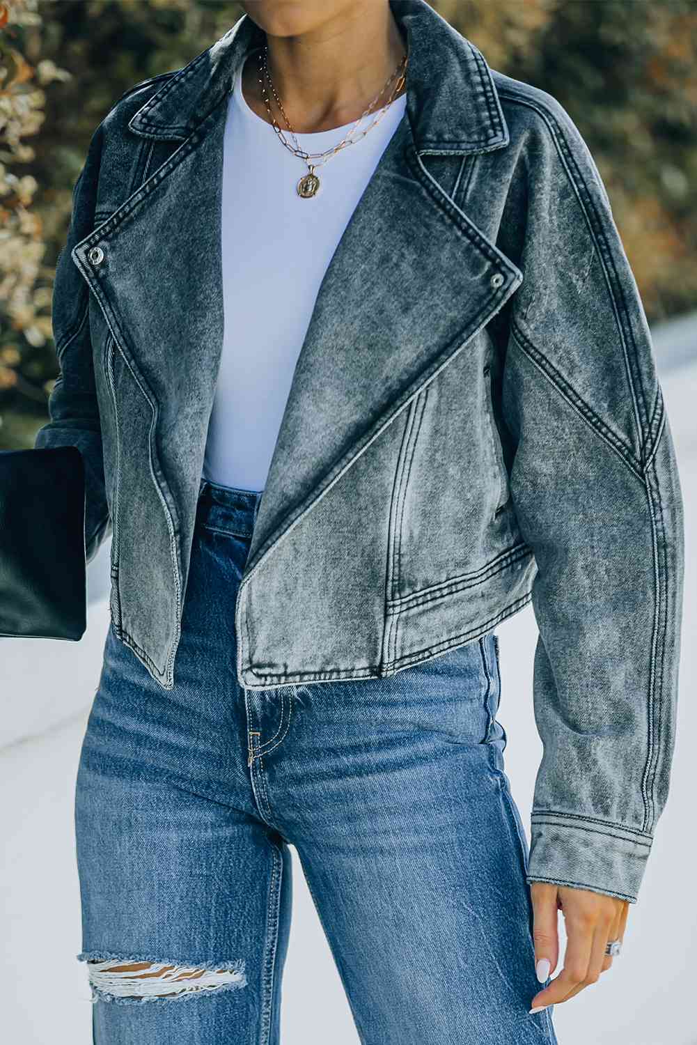 Acid Wash Lapel Collar Cropped Denim Jacket