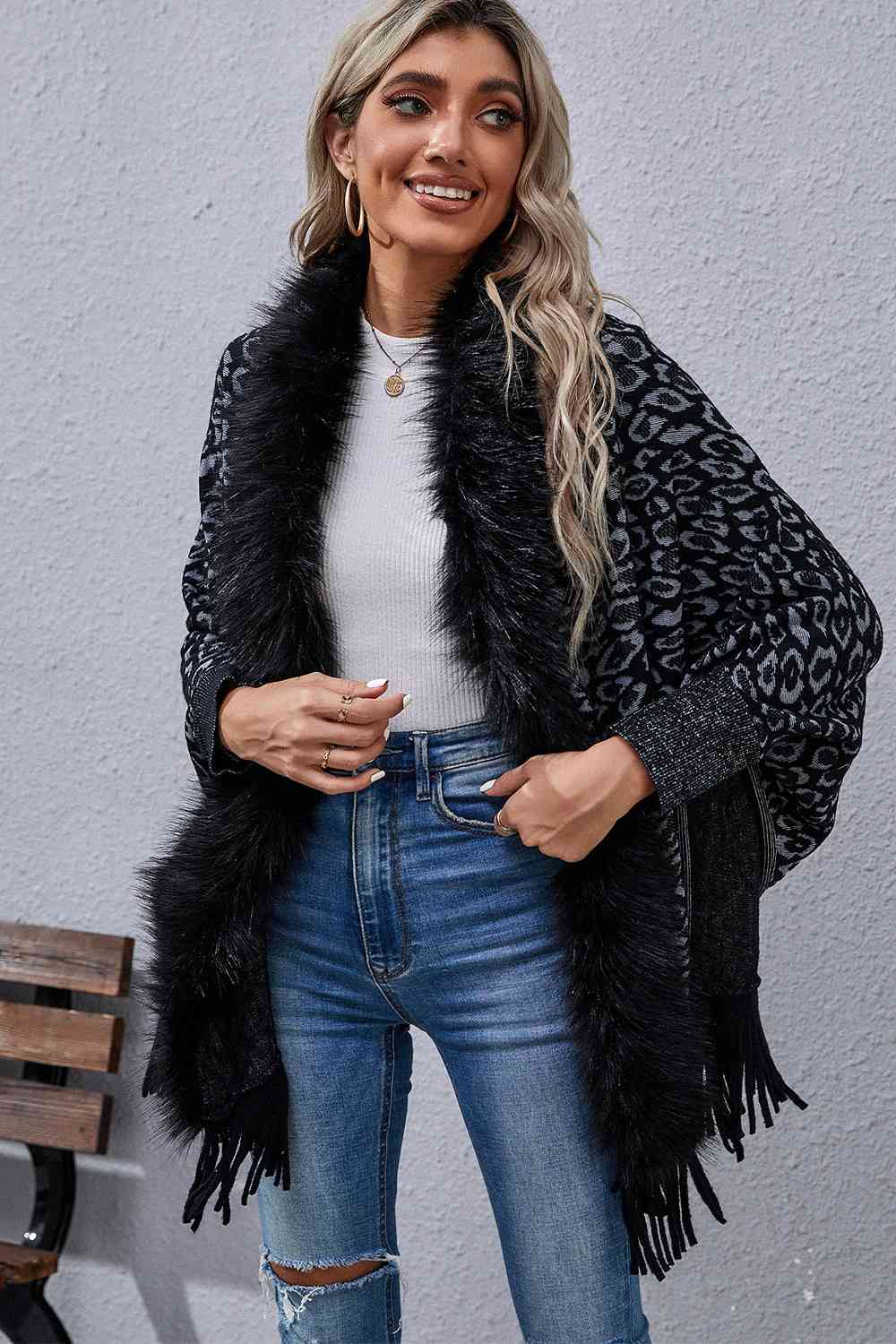 Leopard Fringe Detail Poncho