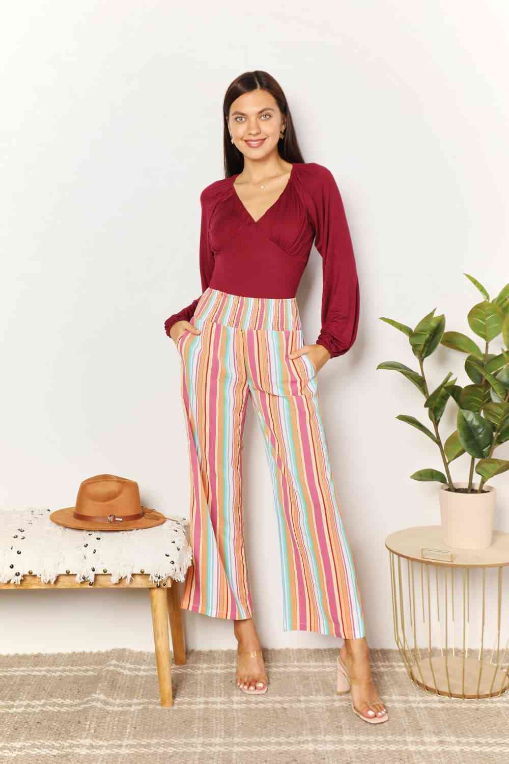 Striped Smocked Waist Pants with Pockets