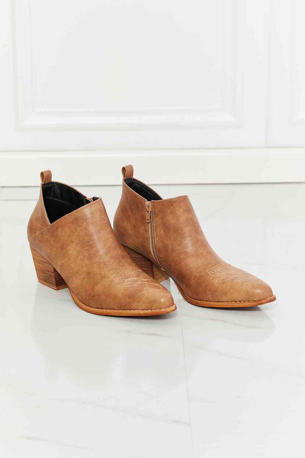 Trust Yourself Embroidered Crossover Cowboy Bootie in Caramel