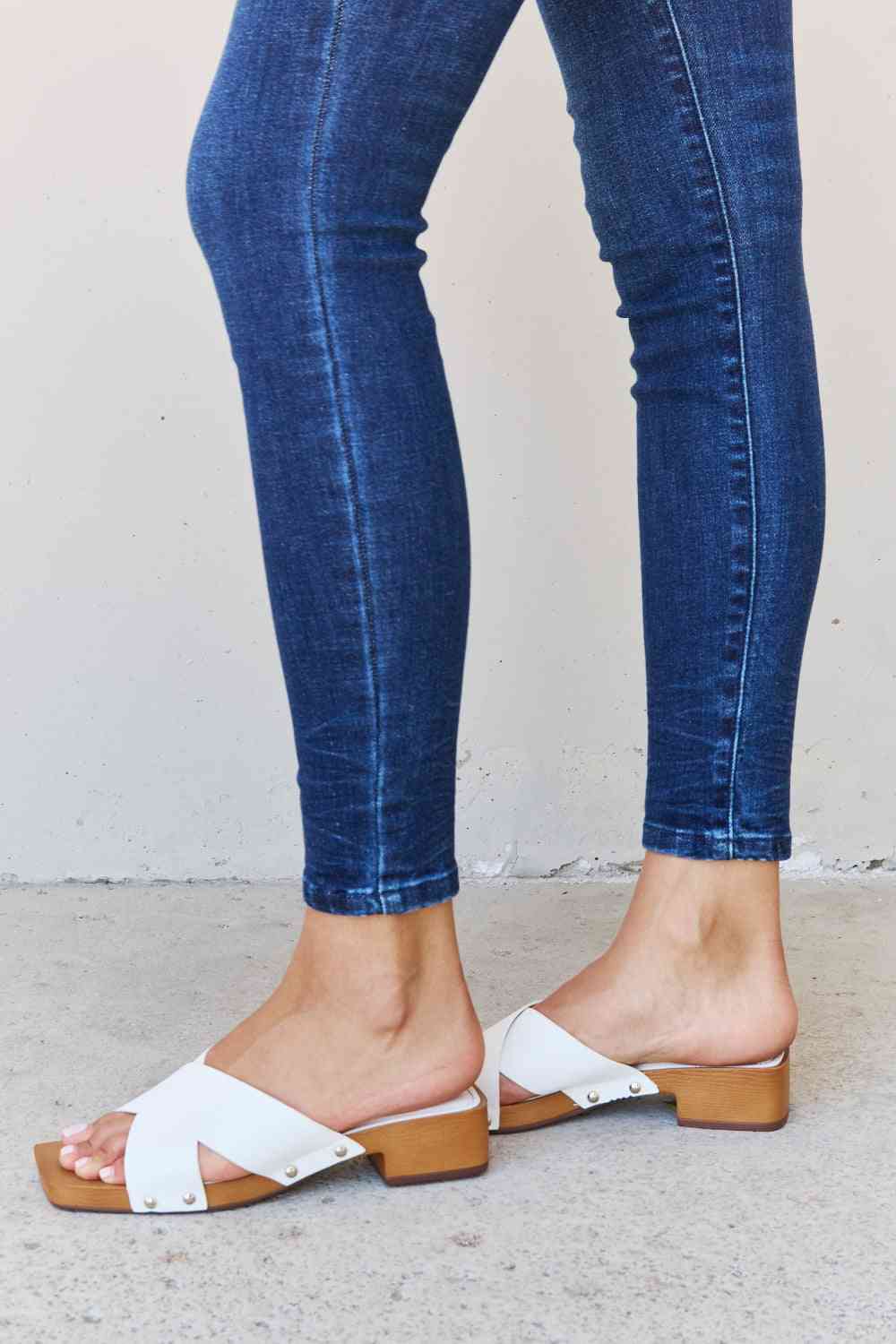 Step Into Summer Criss Cross Wooden Clog Mule in White