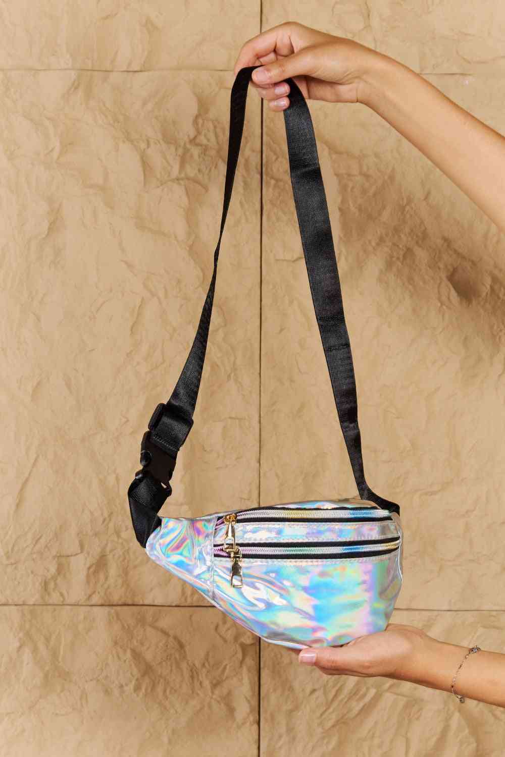 Good Vibrations Holographic Double Zipper Fanny Pack in Silver