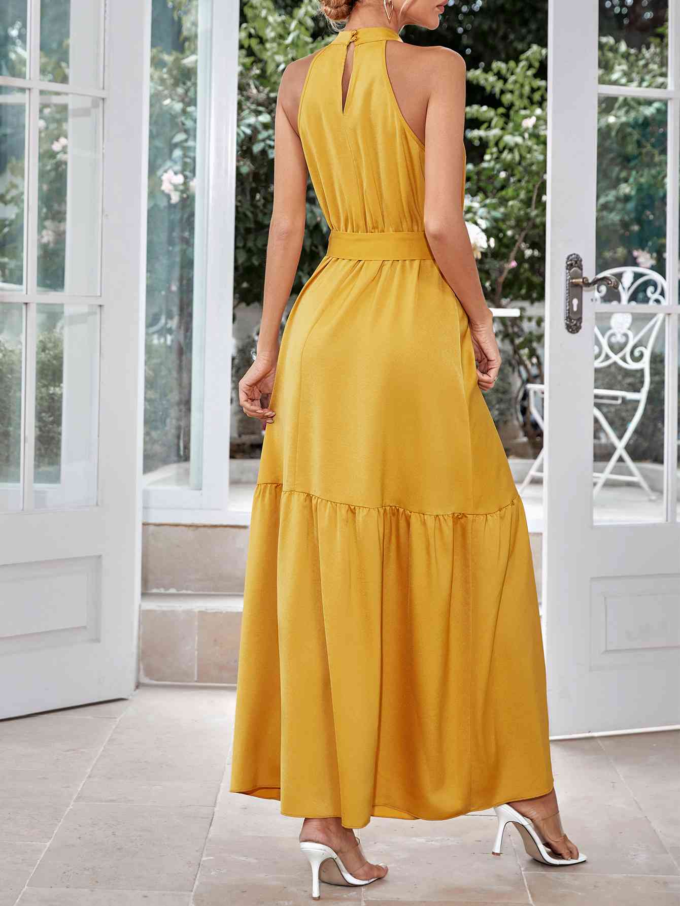 Belted Grecian Neck Tiered Maxi Dress