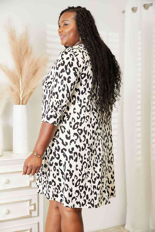 Leopard Three-Quarter Sleeve Dress with Pockets