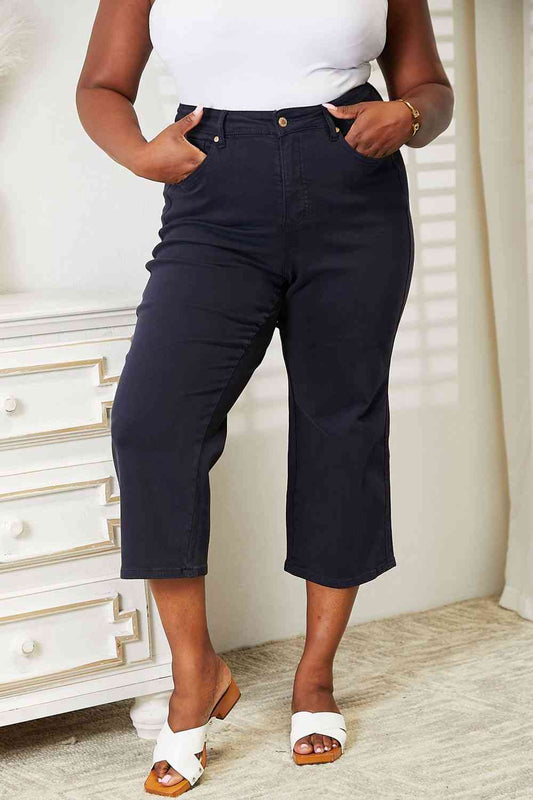 High Waist Tummy Control Garment Dyed Wide Cropped Jeans